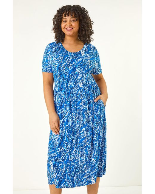 Roman Curve Blue Spot Print Stretch Dress