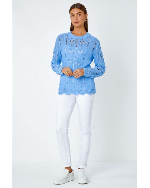 Roman Blue Textured Scallop Hem Stretch Jumper