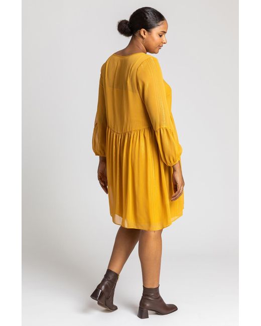 Roman Curve Yellow Chiffon Shimmer Stripe Smock Dress