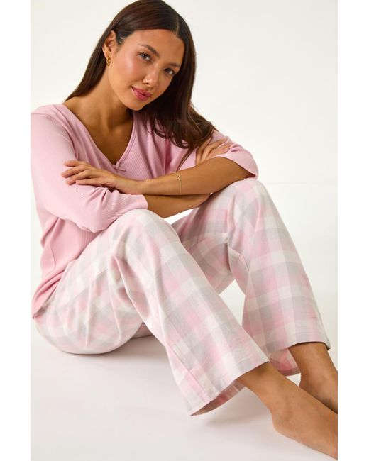 Roman Pink Check Print Bow Detail Pyjama Set