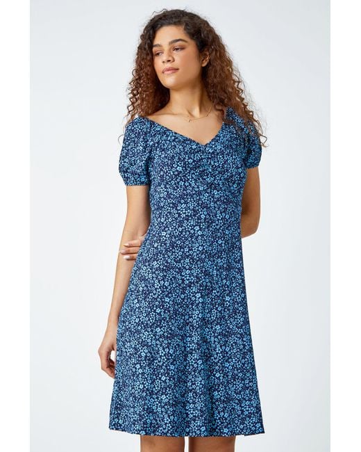 Roman Blue Ditsy Floral Stretch Ruched Dress
