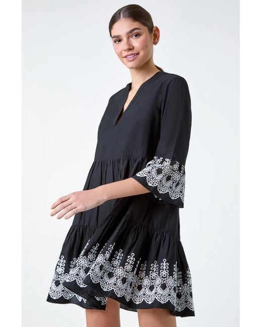 Roman Black Embroidered Cotton Smock Dress