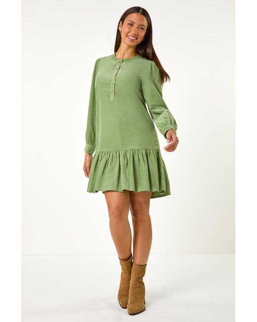Roman Green Corduroy Button Detail A-Line Dress