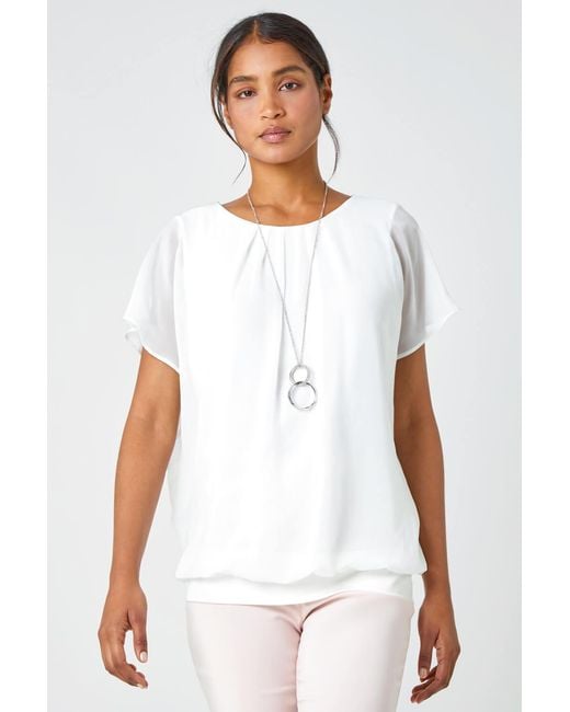Roman White Chiffon Jersey Blouson Top With Necklace