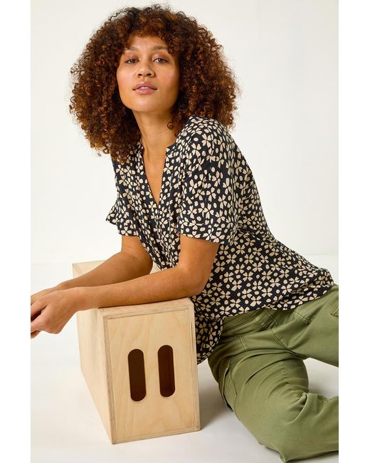Roman Black Abstract Print V-Neck Tunic Top