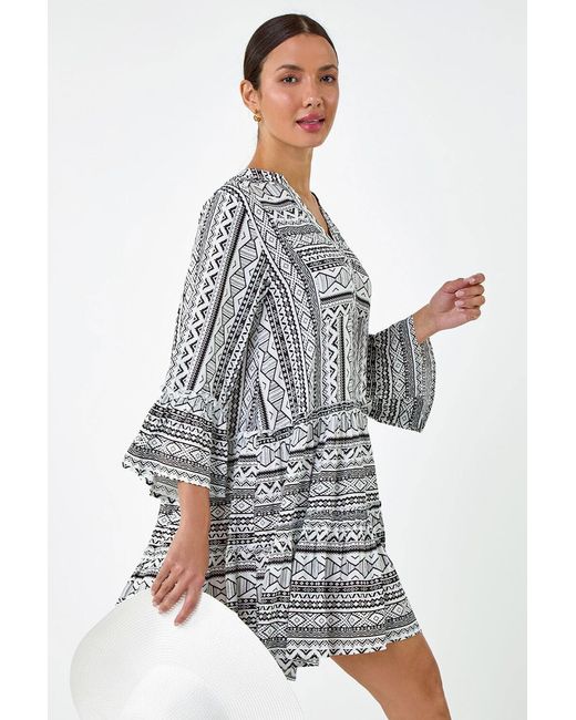 Roman White Aztec Print Frill Smock Dress
