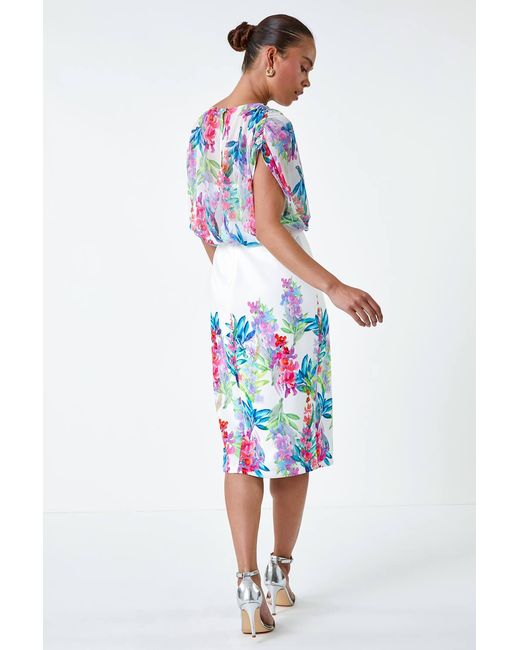 Roman Petite White Floral Chiffon Blouson Overlay Dress