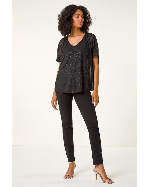 Roman Black Glitter Mesh Overlay Tunic Stretch Top