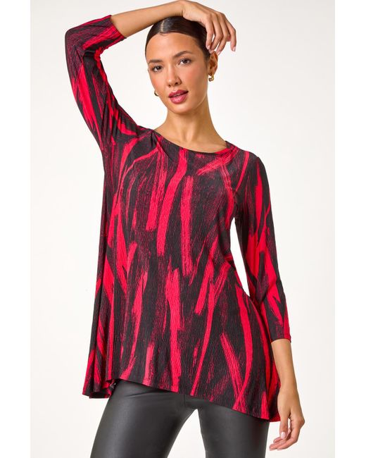 Roman Red Brush Print Hanky Hem Stretch Tunic Top