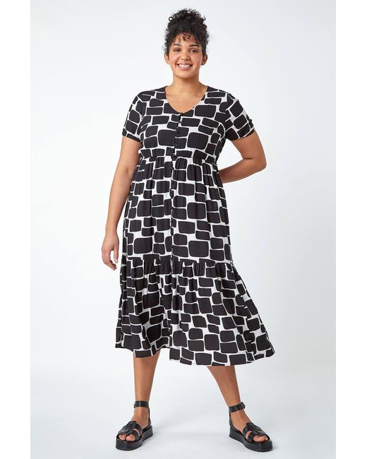Roman Curve Blue Pebble Print Tiered Midi Dress