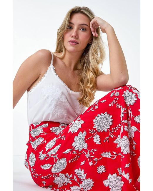 D.u.s.k Red Floral Button Detail Midi Skirt