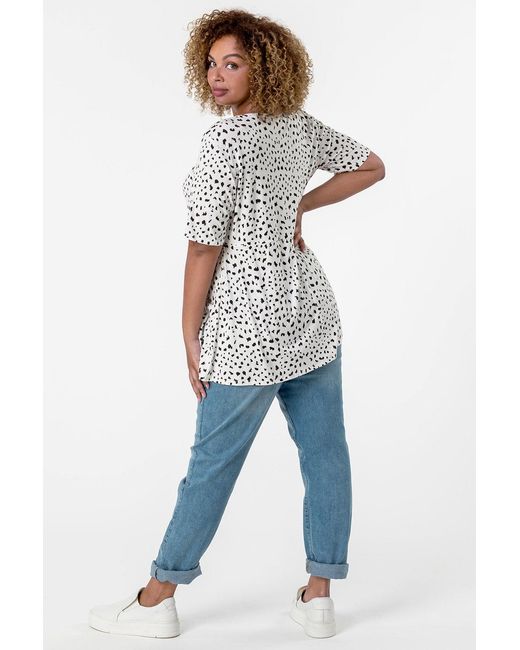 Roman Curve White Spot Print Gathered Top