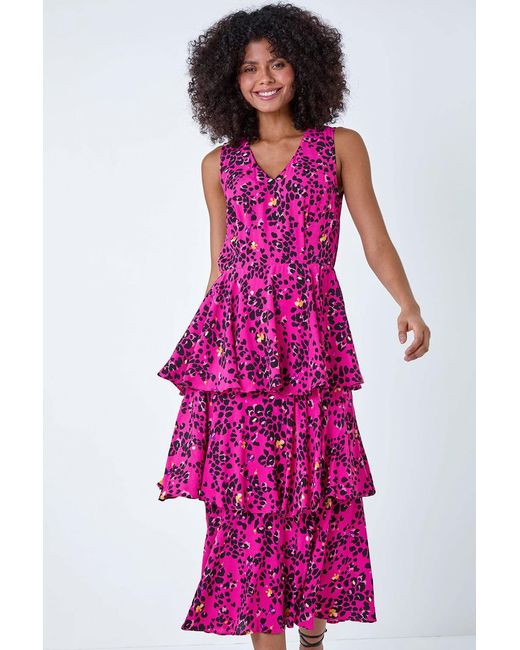D.u.s.k Pink Leopard Print Tiered Midi Dress