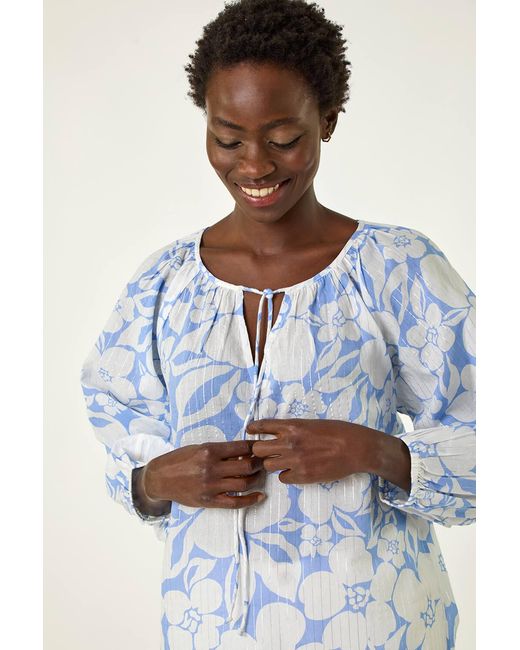 Roman Blue Floral Print Tie Neck Tunic Top