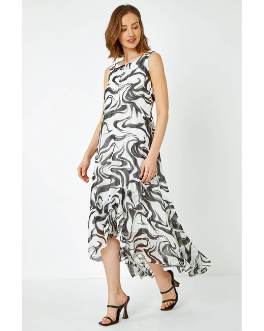 Roman White Swirl Print Chiffon Midi Dress