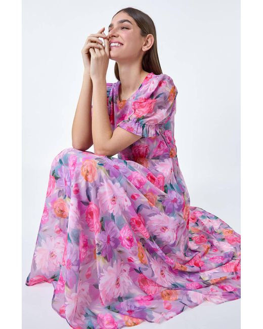 Roman Pink Floral Print Puff Sleeve Chiffon Midi Dress