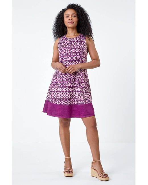 Roman Purple Petite Aztec Print Contrast Hem Dress