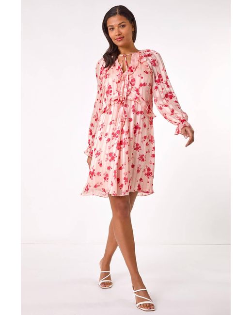 Roman Red Rose Print Ruffle V-Neck Smock Dress