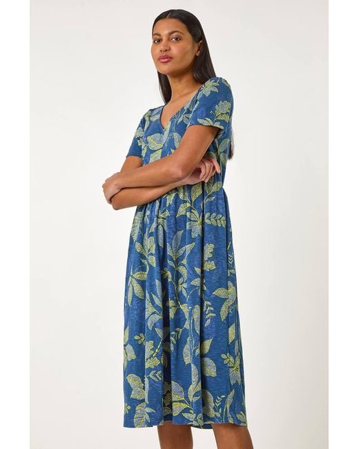 Roman Blue Leaf Print Stretch Midi Dress