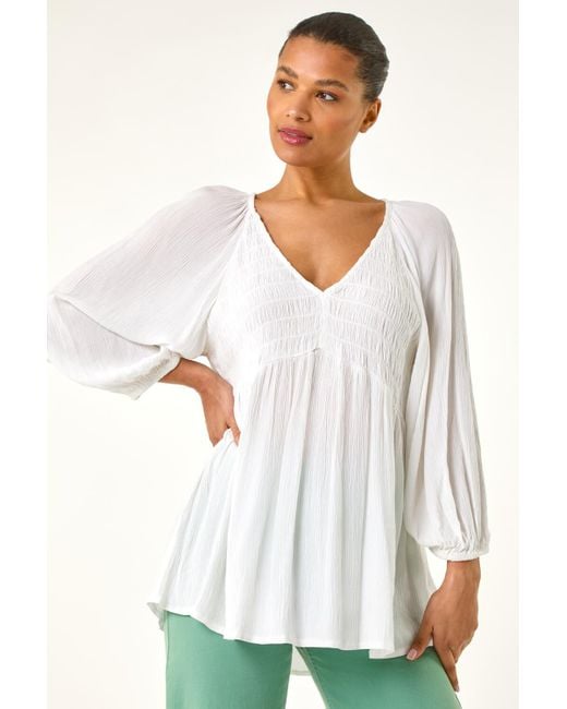 Roman White Shirred V-Neck Top