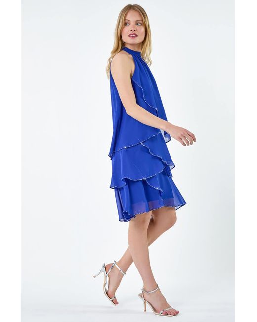 Roman Blue Sequin Trim Tiered Halterneck Dress