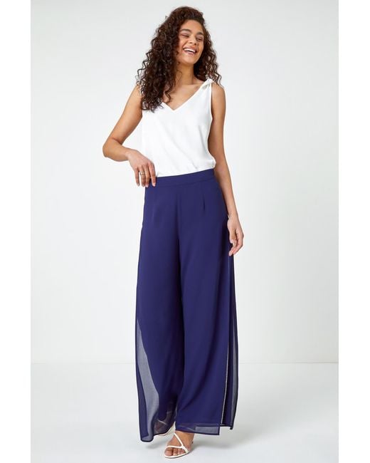Roman Blue Diamante Side Split Chiffon Trousers