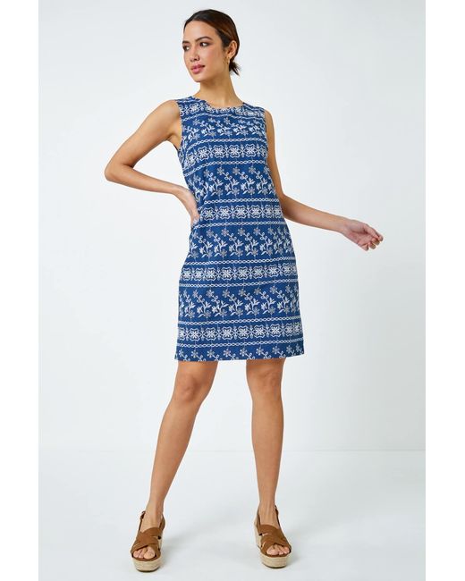 Roman Blue Embroidered Cotton Shift Dress
