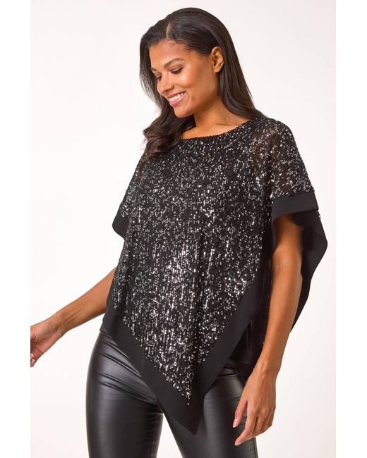 Roman Black Sequin Overlay Stretch Tunic Top