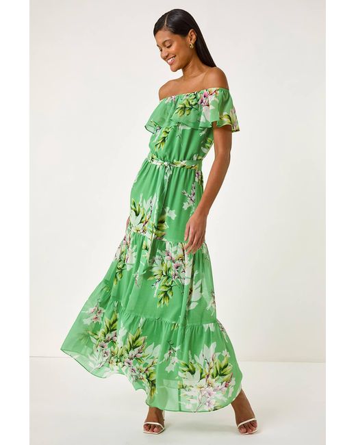 Roman Green Floral Bardot Belted Maxi Dress