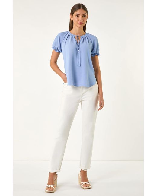 Roman Blue Shirred Tie Front Neck Top