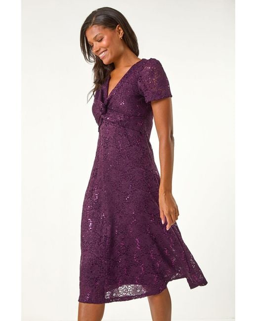 Roman Purple Sequin Lace Twist Front Midi Dress