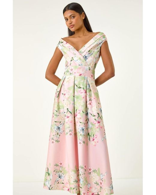 Roman Pink Floral Print Bardot Midi Stretch Dress