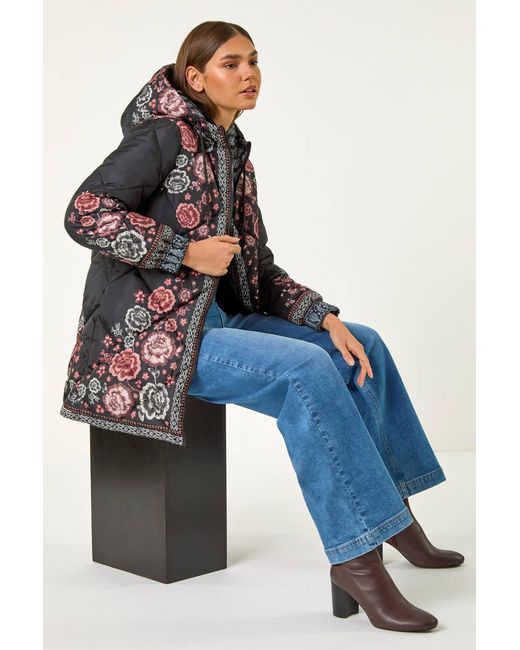 Roman Blue Floral Print Quilted Hooded Coat