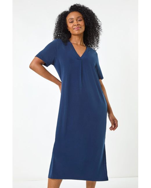 Roman Petite Blue V-Neck Stretch Midi Dress