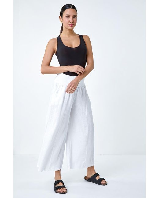 Roman White Linen Blend Stretch Waist Culottes