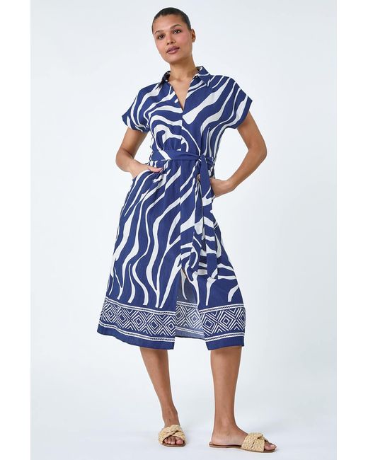 Roman Blue Animal Border Print Pocket Midi Dress