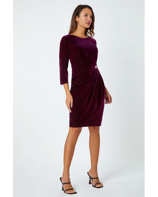 Roman Red Velvet Side Twist Diamante Stretch Dress