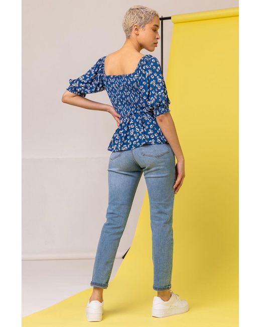 D.u.s.k Blue Ditsy Floral Print Shirred Top