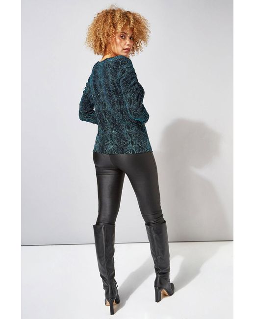 Roman Blue Pleat Sleeve Snake Print Sparkle Top