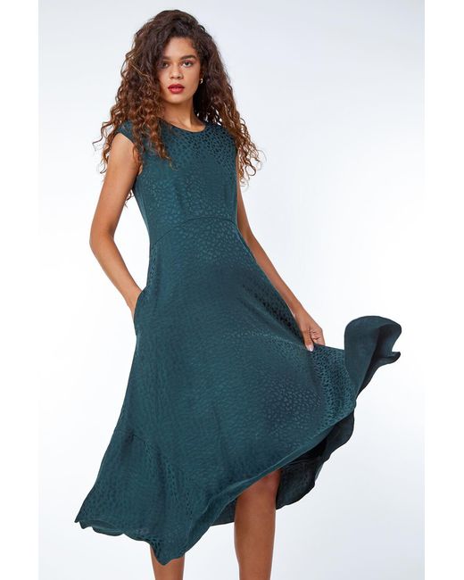 Roman Blue Leopard Print Jacquard Hanky Hem Midi Dress