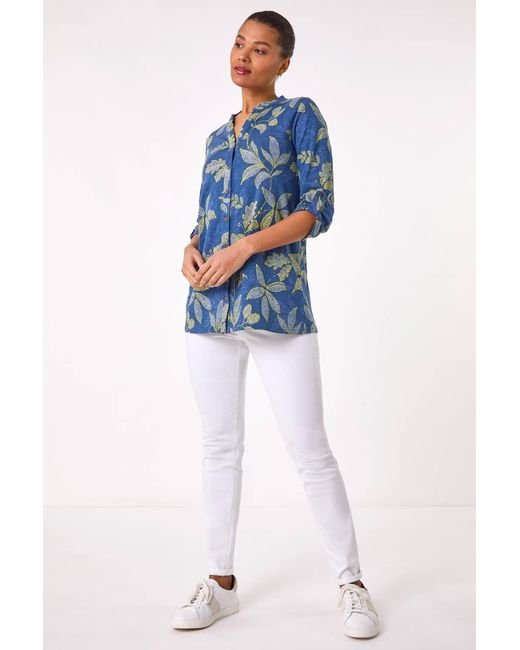 Roman Blue Leaf Print Cotton Blouse