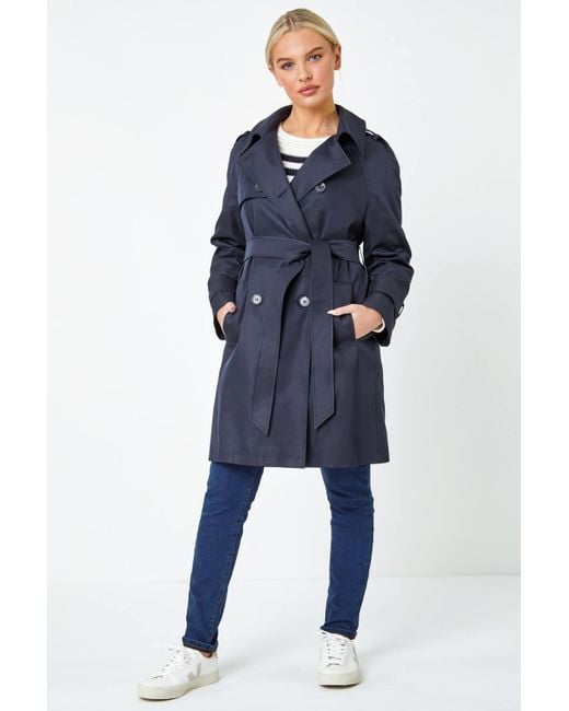 Roman Blue Petite Double Breasted Trench Coat