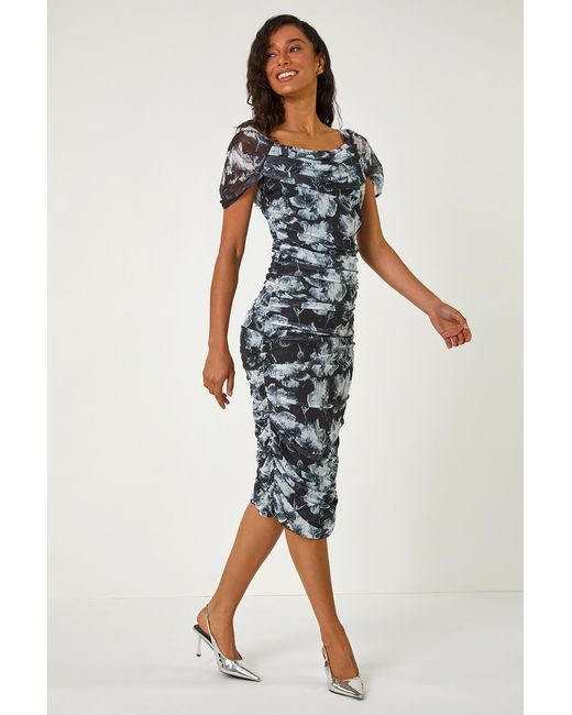 D.u.s.k Blue Ruched Mesh Stretch Dress