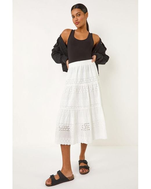 Roman Natural Broderie Cotton A-Line Midi Skirt
