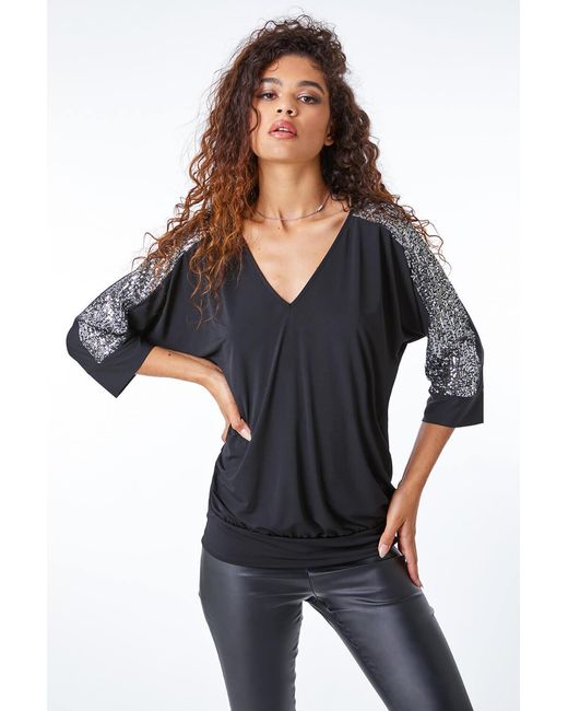 Roman Black Sequin Trim Stretch Jersey Top