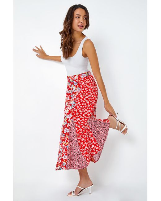 Roman Red Ditsy Floral Print A Line Midi Skirt