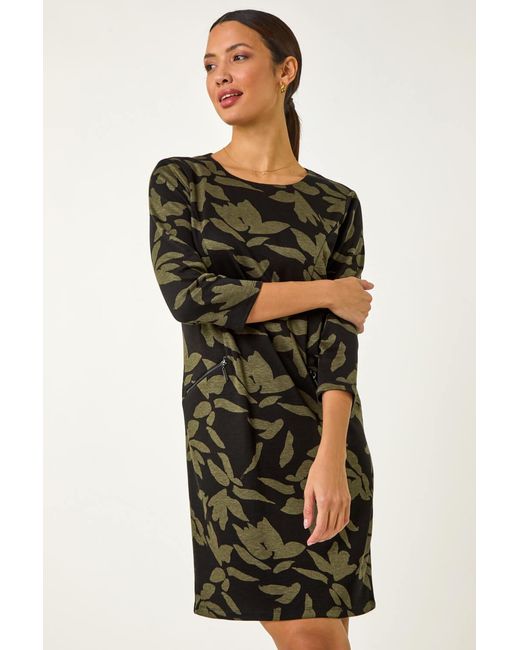 Roman Black Leaf Print Pocket Detail Shift Dress