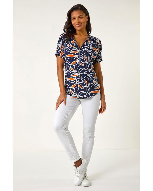 Roman Blue Textured Print Zip Detail Top