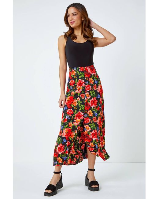 Roman Red Floral Print Button Detail Maxi Skirt