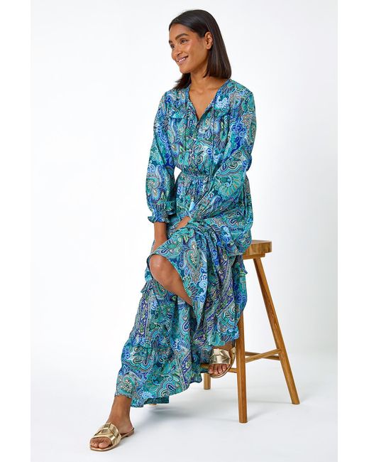 Roman Blue Paisley Print Tassel Frill Hem Maxi Dress